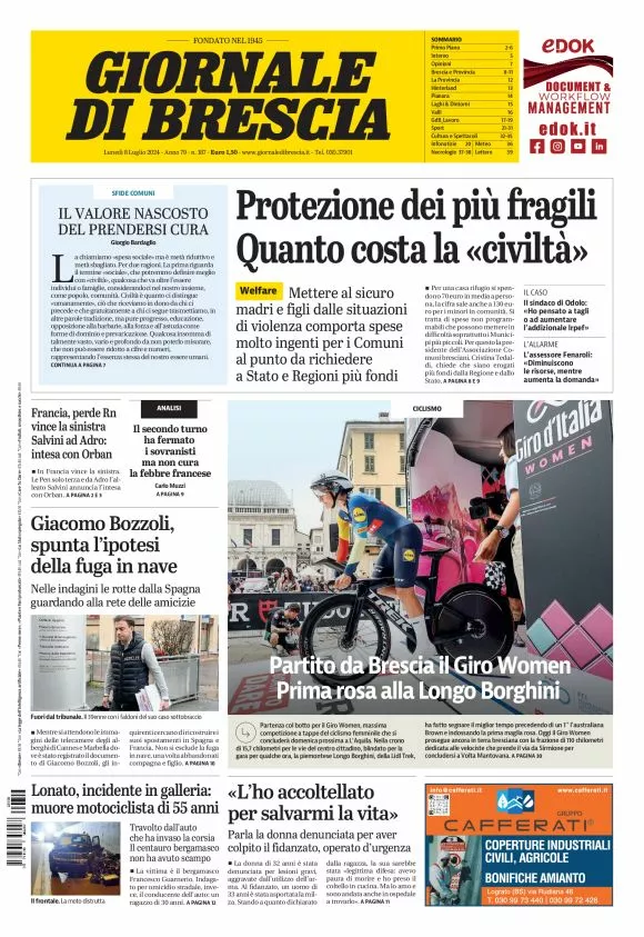 Prima-pagina-giornale di brescia-oggi-edizione-del-2024-07-08